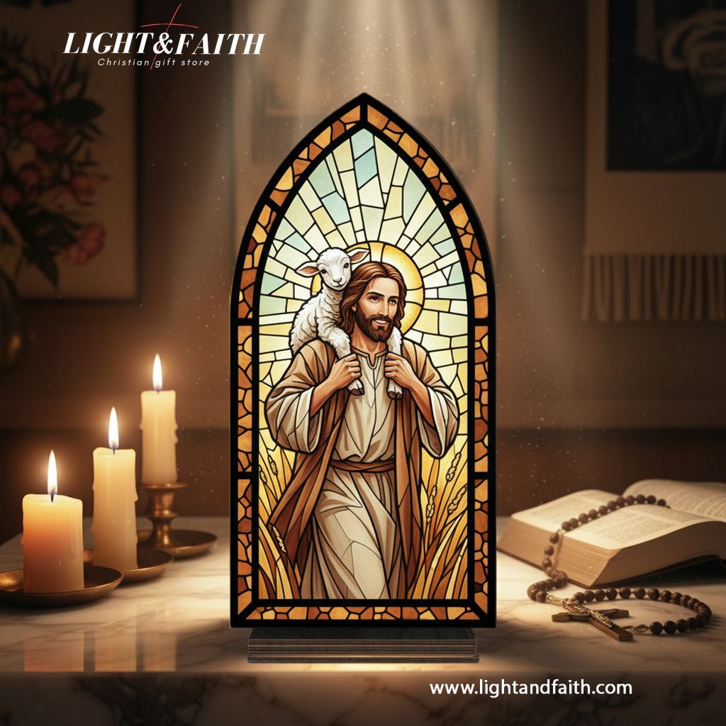 The Good Shepherd Jesus Book Nook, Stained Glass Style Acrylic Christian Decor, Religious Gift for Home & Prayer Corner BNLAF03
